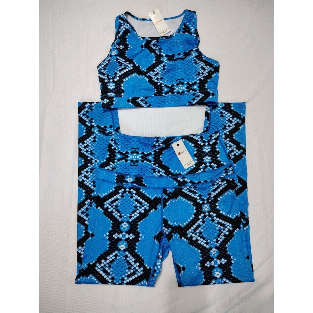 New LA Society Snake Print Blue Activewear Leggings And Padded Racerback Set XL